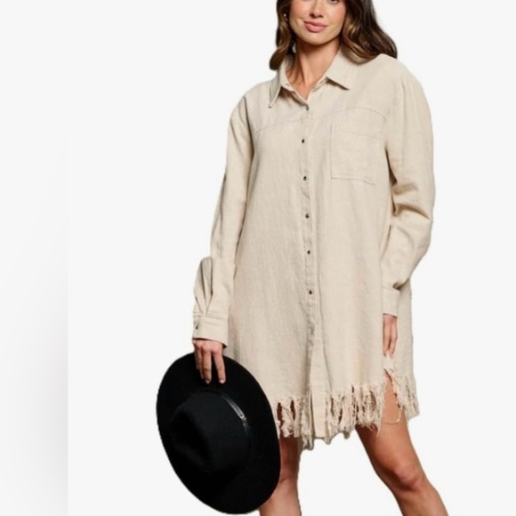 Fringed Hem Oversized Shirt Dress or Shacket Linen Blend Medium NWT - Picture 6 of 7